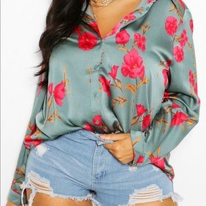Boohoo Floral print satin button up blouse